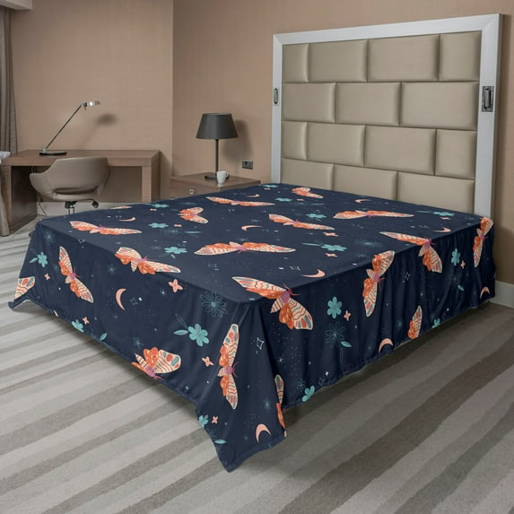 Ambesonne Lunar Moth Flat Bedding Sheet Soft Top Sheet, Starry Night Wings Retro, California King, Dark Indigo Burnt Sienna