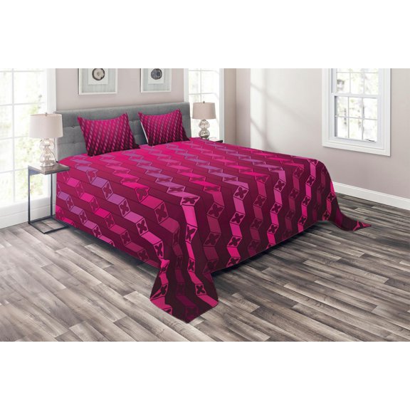 Ambesonne Magena Quilted Coverlet 3 Pcs, Abstract Striped Art, Queen Size, Magenta