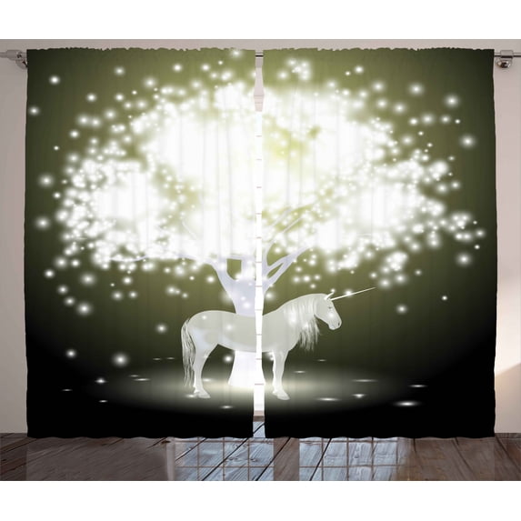 Ambesonne Magic Curtains 2 Panel Set, Unicorn Horse with Tree, 108" x 108", Yellow Hunter Grey