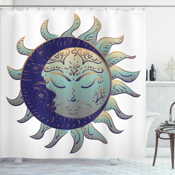 Ambesonne Magic Moon Shower Curtain, Boho Sun and Crescent, 69"Wx84"L, Indigo Pale Teal