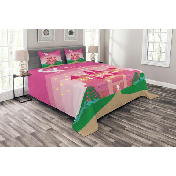 Ambesonne Magic Quilted Bedspread Set 3 Pcs, Fantasy Tale Pixie in Sky, King Size, Green Pink