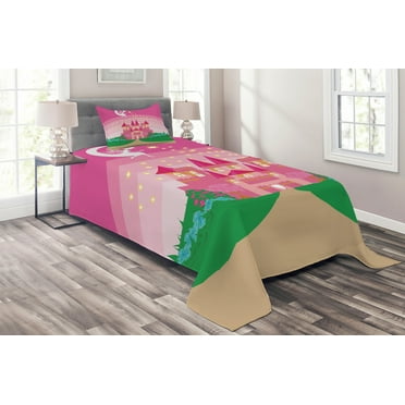 Ambesonne Magic Quilted Coverlet 2 Pcs, Fantasy Tale Pixie in Sky, Twin Size, Green Pink