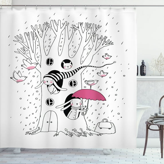 Ambesonne Magic Shower Curtain, Birds Rabbits Tree Rainy, 69"Wx70"L, White Pink