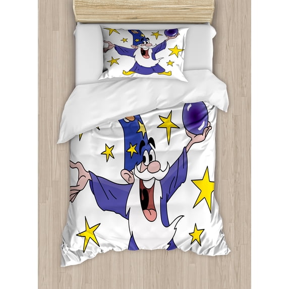 Ambesonne Magician Duvet Cover Sets, Wizard and Crystal Ball, 2-Twin, Mustard Dark Violet