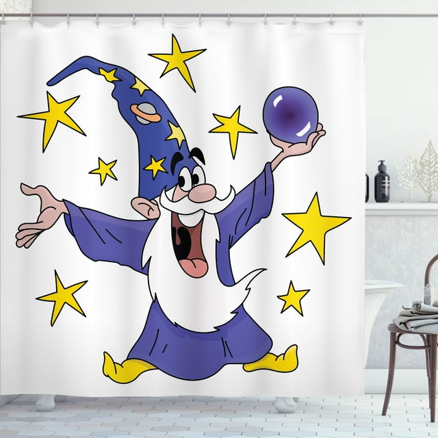Ambesonne Magician Shower Curtain, Wizard and Crystal Ball, 69"Wx84"L, Mustard Dark Violet