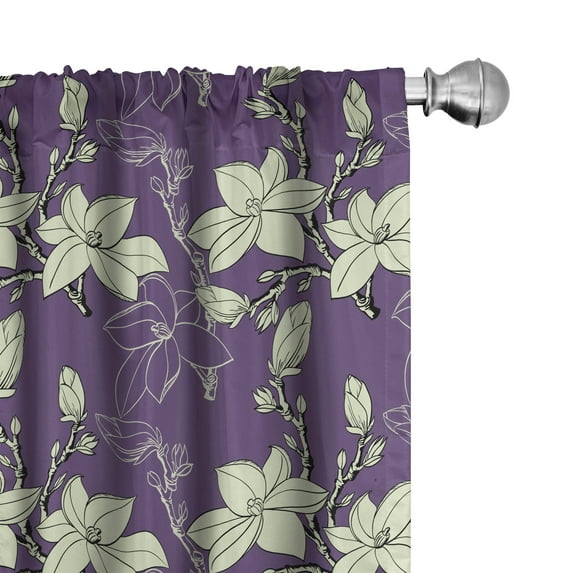 Ambesonne Magnolia Window Curtains, Retro Garden Art Blossoms, Each 28" W x 63" L, Pale Green and Plum