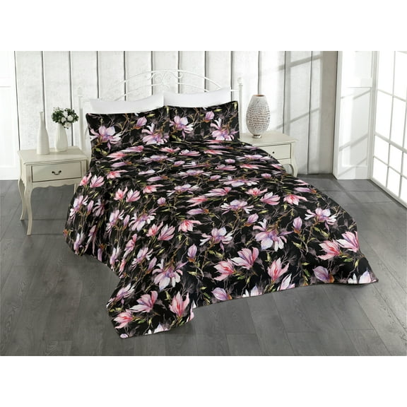 Ambesonne Magnolia Art Quilted Bedspread Set 3 Pcs, Melancholic Jungle Art, King, Pastel Pink Grey Pink