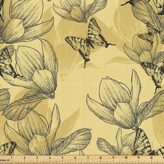 Ambesonne Magnolia Fabric by the Yard Upholstery, Butterfly and Blooms Print, 3 Yards, Charcoal Grey Pale Green