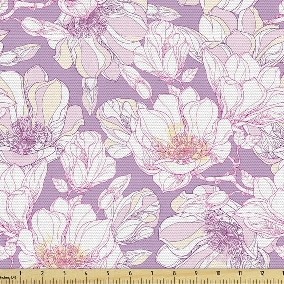Ambesonne Magnolia Fabric by the Yard Upholstery, Pastel Flower Blooms, 5 Yards, Pale Pink Mauve