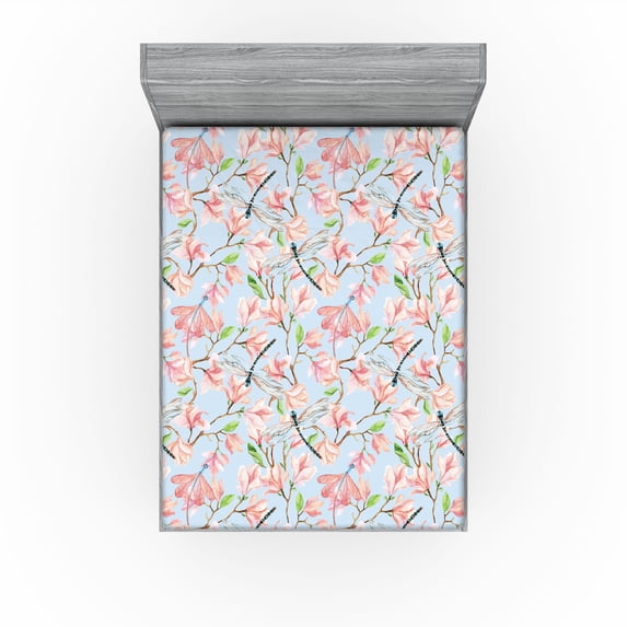 Ambesonne Magnolia Fitted Sheet, Vintage Floral Dragonfly, Queen Size, Pale Blue Pale Pink Ecru