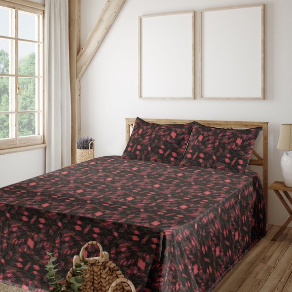 Ambesonne Magnolia Floral Fitted & Flat Sheet with Shams 4 Pcs Set, Gothic Flowers Boho, King, Dark Coral Charcoal Grey