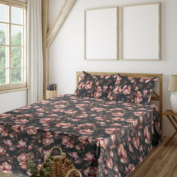 Ambesonne Magnolia Flowers Fitted & Flat Sheet with Shams 4 Pcs Set, Boho Vintage Bloom, King, Coral Dried Rose