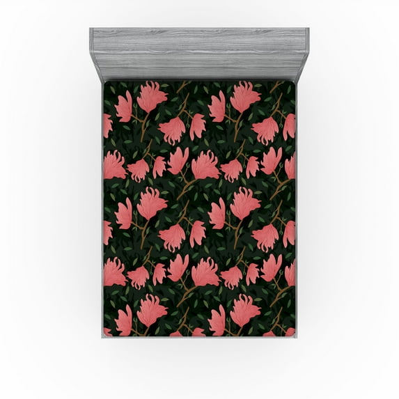 Ambesonne Magnolia Flowers Fitted Sheet, Leaves Romantic, California King, Pastel Pink Forest Green