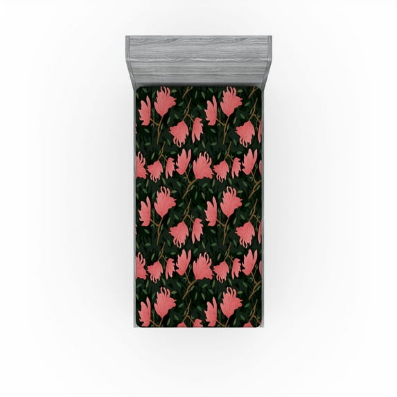 Ambesonne Magnolia Flowers Fitted Sheet, Leaves Romantic, Twin XL Size, Pastel Pink Forest Green