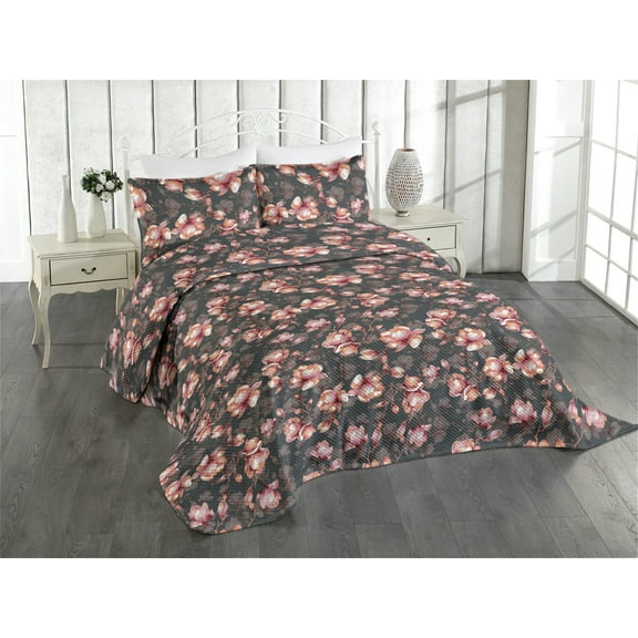 Ambesonne Magnolia Flowers Quilted Coverlet 3 Pcs, Boho Vintage Bloom, King Size, Coral Dried Rose