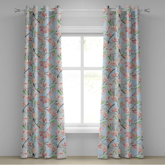 Ambesonne Magnolia Grommet Curtain, Vintage Floral Dragonfly, 50"x120", Pale Blue Pale Pink Ecru