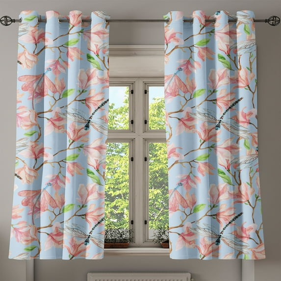 Ambesonne Magnolia Grommet Curtain, Vintage Floral Dragonfly, 50"x60", Pale Blue Pale Pink Ecru
