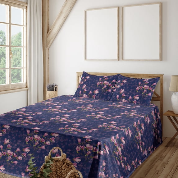 Ambesonne Magnolia Pattern Fitted & Flat Sheet with Sham 3 Pcs Set, Art Dreamy Flowers, Twin XL, Quartz Pastel Pink