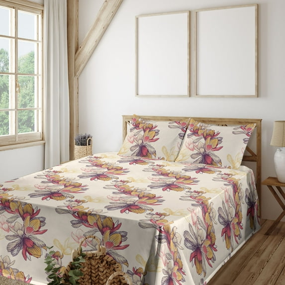 Ambesonne Magnolia Pattern Fitted & Flat Sheet with Shams 4 Pcs Set, Flowers Delicate, Full, Pale Peach Dark Coral