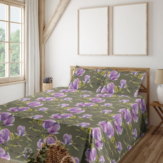 Ambesonne Magnolia Pattern Fitted & Flat Sheet with Shams 4 Pcs Set, Simple Floral Leaf, Queen, Olive Green Lavender