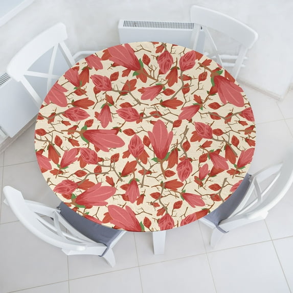 Ambesonne Magnolia Pattern Fitted Round Tablecloth, Art Delicate Bloom, 40"- 44" Diameter, Pale Ruby Fern Green