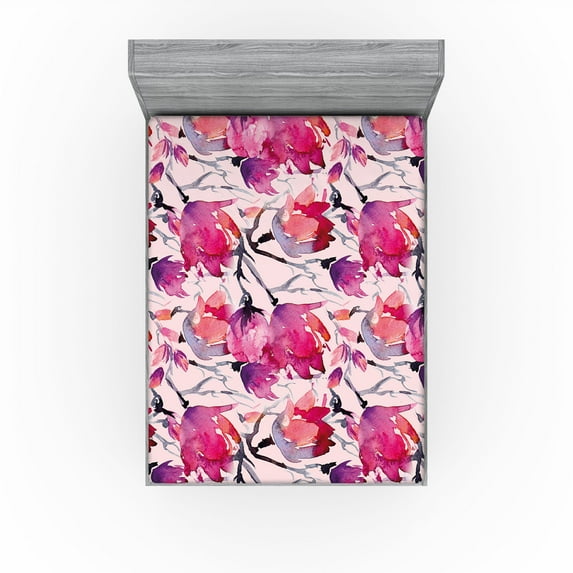 Ambesonne Magnolia Pattern Fitted Sheet, Reduncles Floral, California King, Hot Pink Pale Pink Mauve