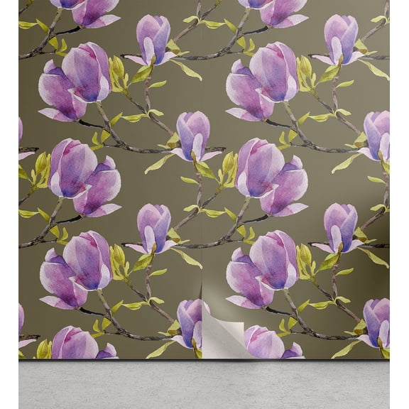 Ambesonne Magnolia Pattern Peel & Stick Wallpaper for Home, Simple Floral Leaf, 13"x36", Olive Green Lavender