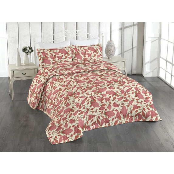 Ambesonne Magnolia Pattern Quilted Bedspread Set 3 Pcs, Art Delicate Bloom, Queen, Pale Ruby Fern Green