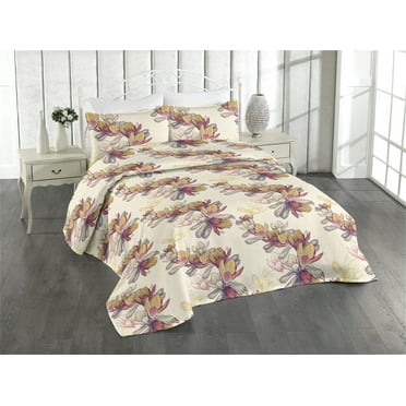 Ambesonne Magnolia Pattern Quilted Bedspread Set 3 Pcs, Flowers Delicate, King, Pale Peach Dark Coral