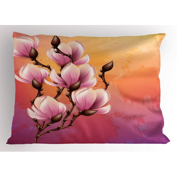 Ambesonne Magnolia Pillow Sham, 3D Realistic Design, 36" X 20", Multicolor