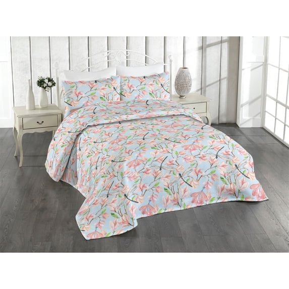Ambesonne Magnolia Quilted Bedspread Set 3 Pcs, Vintage Floral Dragonfly, Twin, Pale Blue Pale Pink Ecru