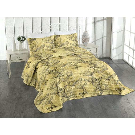 Ambesonne Magnolia Quilted Coverlet 3 Pcs, Butterfly and Blooms Print, Queen Size, Charcoal Grey Pale Green