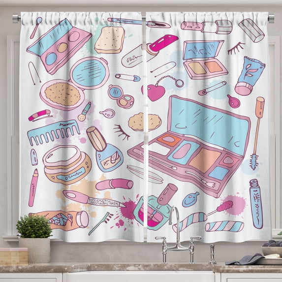 Ambesonne Makeup Kitchen Curtains, Makeup Cosmetics Glamor, 55"x39", Multicolor