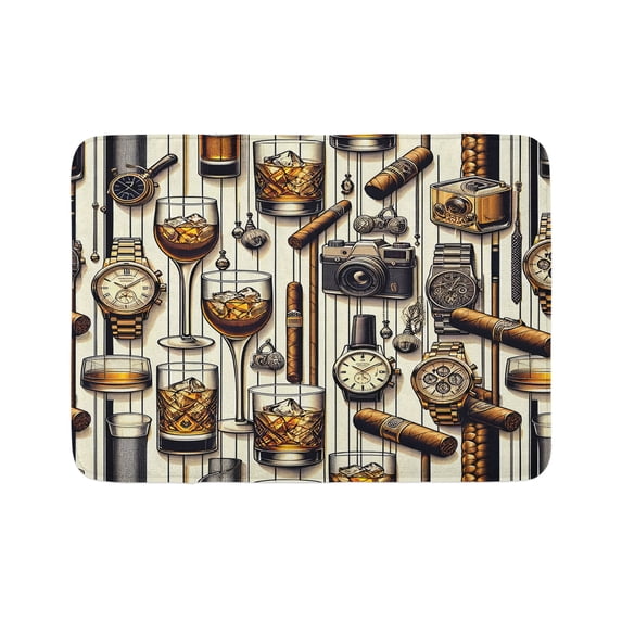 Ambesonne Man Cave Bath Mat, Iced Whiskey Watches Cigar, 30.2" x 20", Amber Brown and Taupe