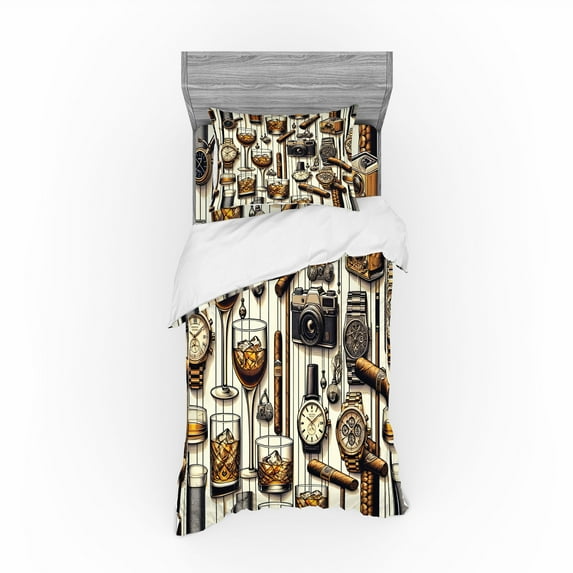 Ambesonne Man Cave Bedding Set 3 Pcs, Iced Whiskey Watches Cigar, Twin, Amber Brown and Taupe