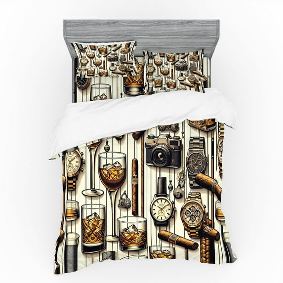 Ambesonne Man Cave Bedding Set 4 Pcs, Iced Whiskey Watches Cigar, King, Amber Brown and Taupe