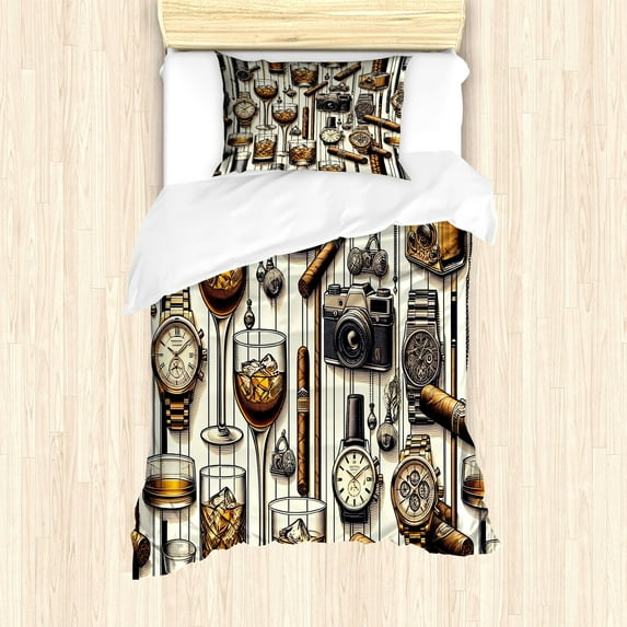 Ambesonne Man Cave Duvet Cover Set, Iced Whiskey Watches Cigar, Twin, Amber Brown and Taupe