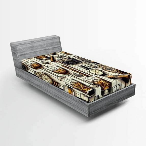 Ambesonne Man Cave Fitted Sheet, Iced Whiskey Watches Cigar, TwinXL Size, Amber Brown and Taupe