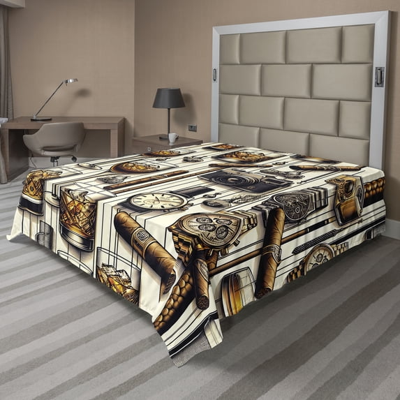 Ambesonne Man Cave Flat Sheet, Iced Whiskey Watches Cigar, King Size, Amber Brown and Taupe