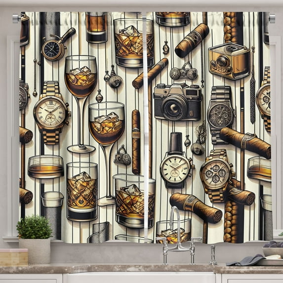 Ambesonne Man Cave Kitchen Curtains, Iced Whiskey Watches Cigar, 55"x24", Amber Brown and Taupe