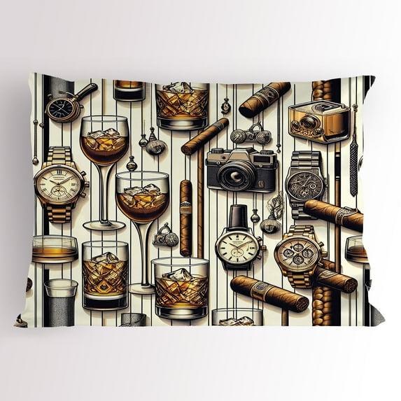 Ambesonne Man Cave Pillow Sham, Iced Whiskey Watches Cigar, 26" X 20", Amber Brown and Taupe