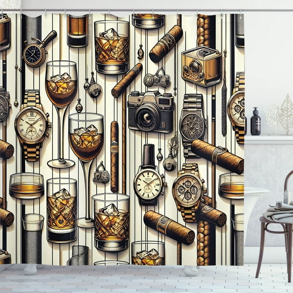 Ambesonne Man Cave Shower Curtain, Iced Whiskey Watches Cigar, 69"Wx84"L, Amber Brown and Taupe