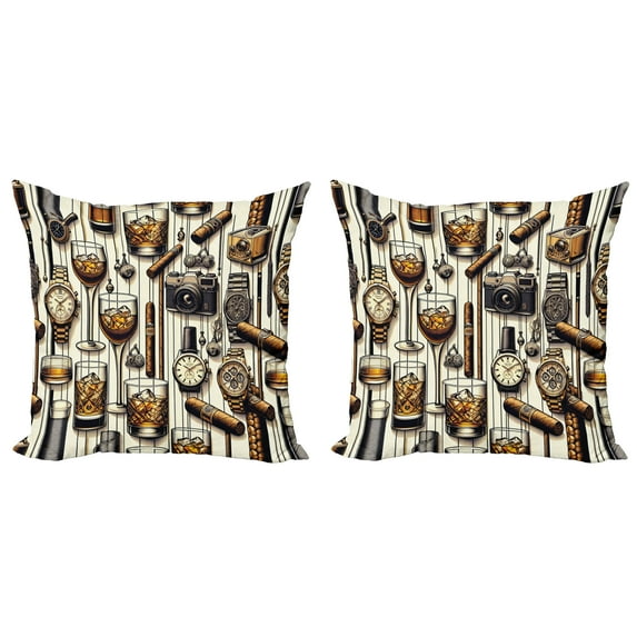 Ambesonne Man Cave Throw Pillow Cover 2 Pack, Iced Whiskey Watches Cigar, 16", Amber Brown and Taupe