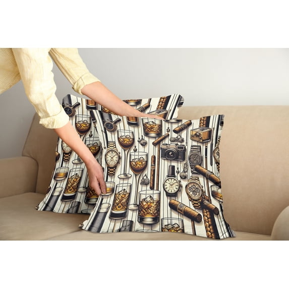 Ambesonne Man Cave Throw Pillow Cover Pack of 2, Iced Whiskey Watches Cigar, 2 Pcs-26"x26", Amber Brown and Taupe
