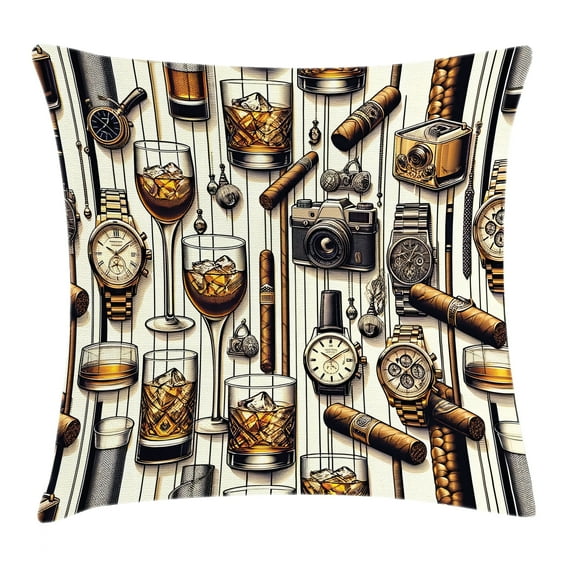 Ambesonne Man Cave Throw Pillow Cushion Cover, Iced Whiskey Watches Cigar, 40" X 40", Amber Brown and Taupe