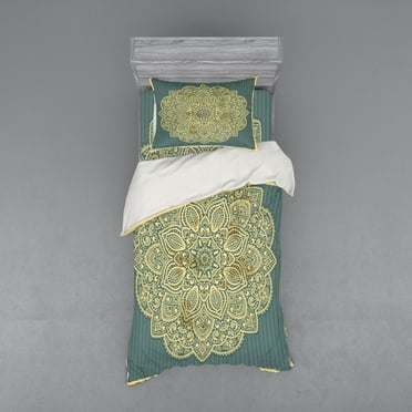 Ambesonne Mandala Bedding Set 3 Pcs, Bohemian Ornamental Folk, Twin XL, Cadet Blue Pale Yellow