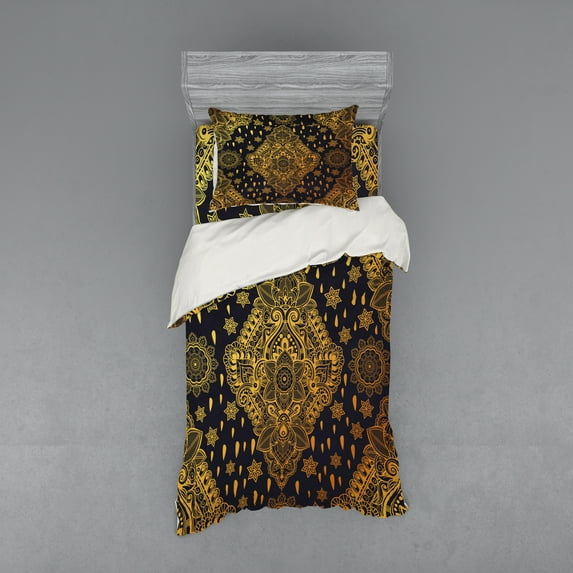 Ambesonne Mandala Bedding Set 3 Pcs, Boho Paisley Folklore, Twin XL, Charcoal Grey Mustard