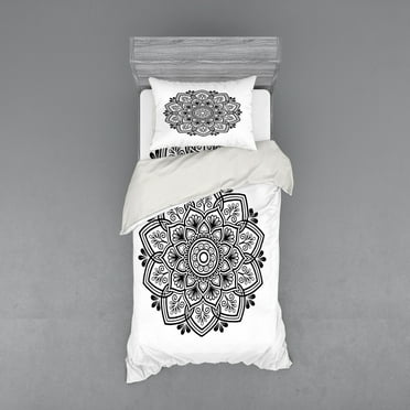 Ambesonne Mandala Bedding Set 3 Pcs, Flora Damask Oriental Motif, Twin XL, Charcoal Grey and White