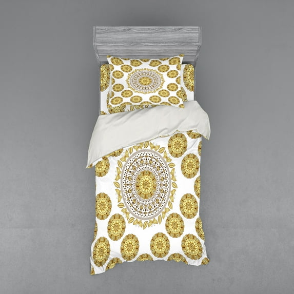 Ambesonne Mandala Bedding Set 3 Pcs, Natural Leaves, Twin, Yellow Cream Brown