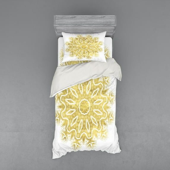 Ambesonne Mandala Bedding Set 3 Pcs, Oriental Modern Pattern, Twin XL, Pale Yellow and White